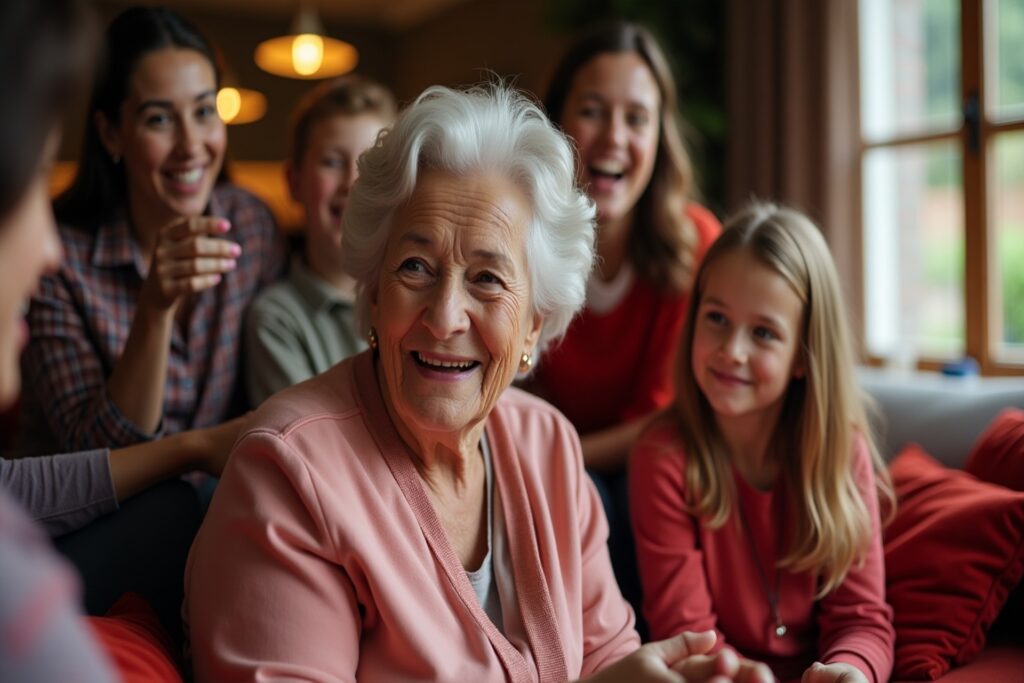 elderly woman with Dementia enjoy family time.