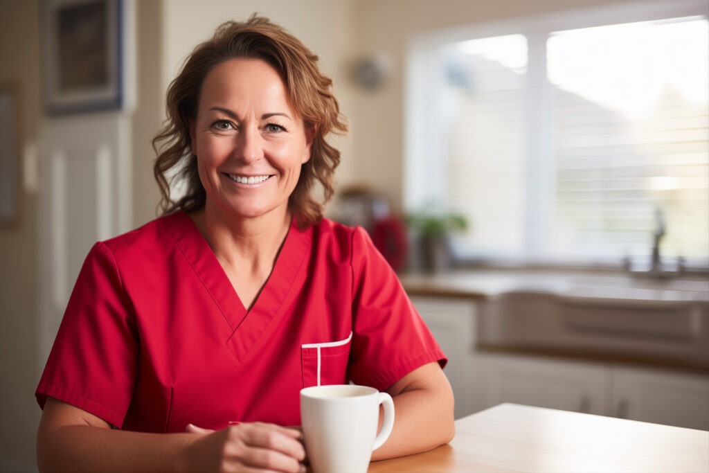 Promyse Home Care Nurse in red scrubs offering compassionate communication to loved ones and their family.