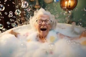 Happy Senior Woman enjoying a bubble bath