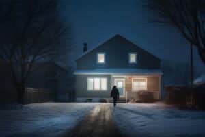 Nurse walking into a home at night