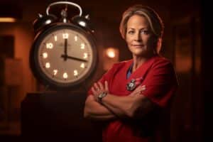 Nurse beside a clock