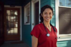 Smiling Nurse standing in front of a Senior's Home