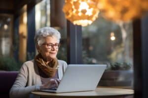Senior woman reading on a laptop