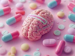 a brain surrounded by lecanemab pills