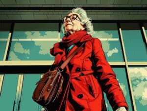 a senior woman in a red coat walking out of a treatment clinic