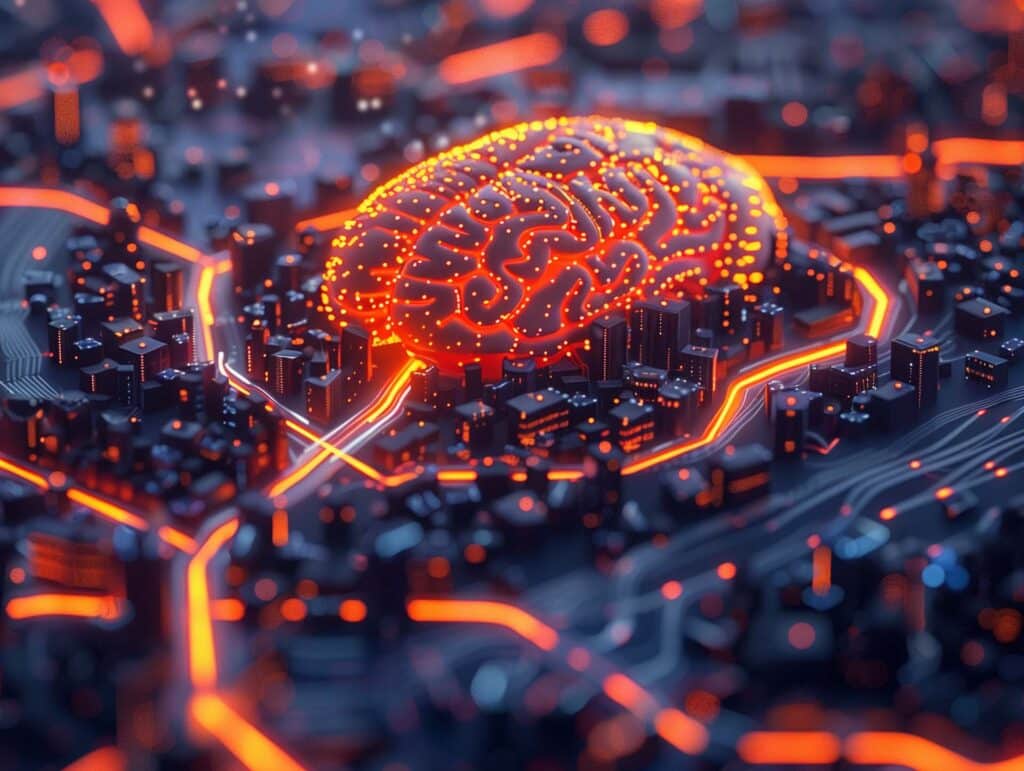A human brain surrounded by a city