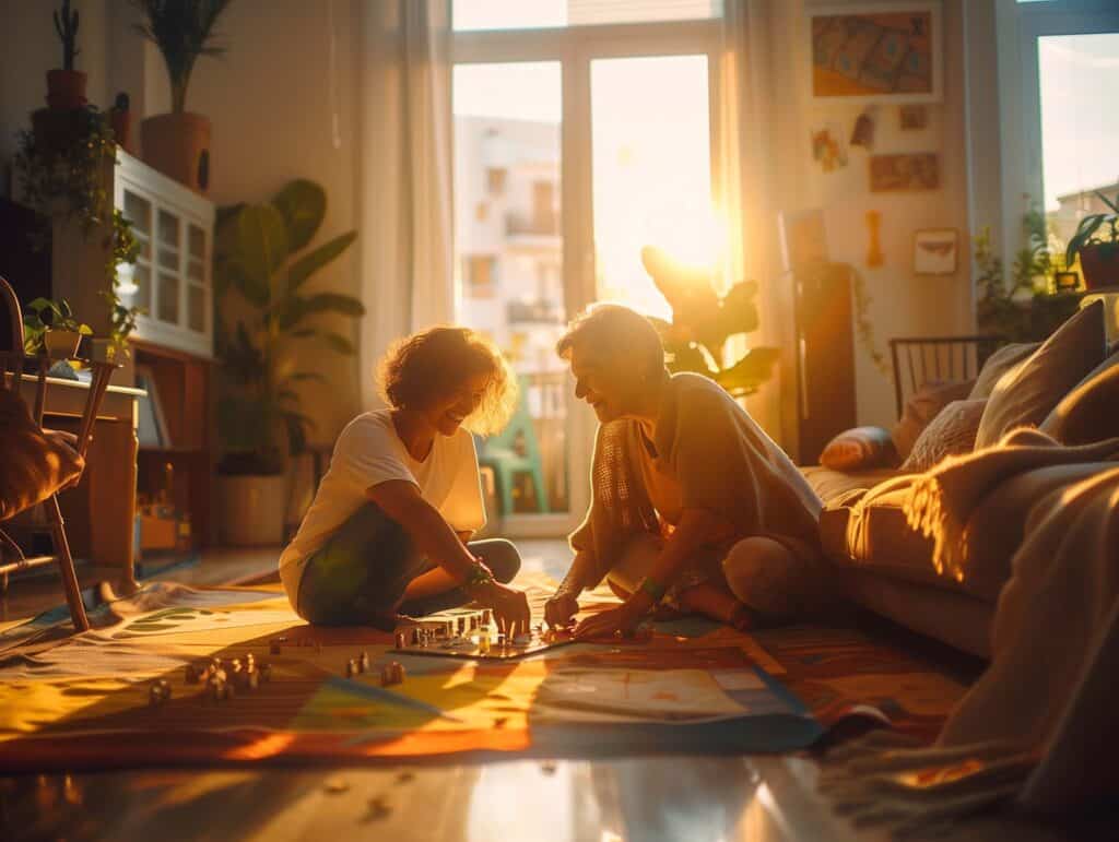 A woman with dementia playing a board game with a grandchild