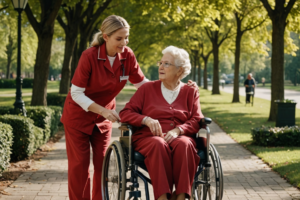 Respite Caregiver going for a walk with a senior client