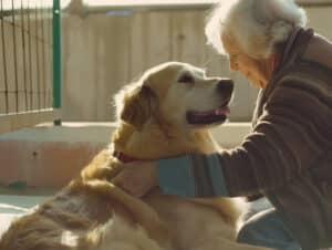 A woman with dementia petting a golden retriever