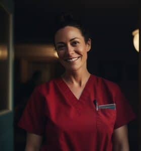 Nurse dressed in red scrubs happy to be helping