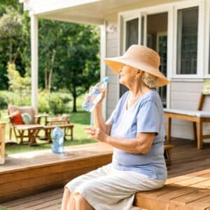 Senior woman enjoying the sunshine while drinking water to stay hydrated and safe in the sun.