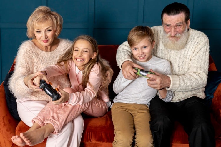 Grandparents playing games with their grandchildren and celebrating cherished moments together.