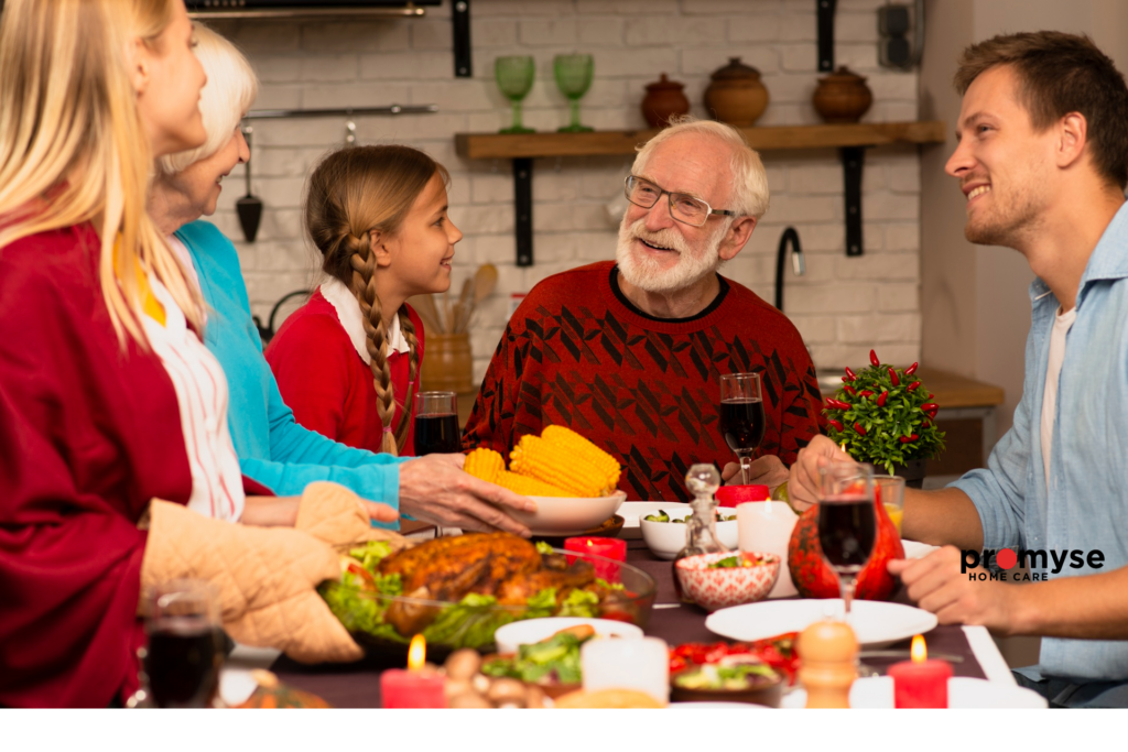 Parents and grandparents gather together to enjoy a meal and companionship together.