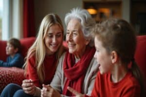 Senior woman with Dementia enjoying quality time with her family.