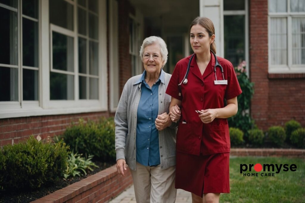 Caregiver giving extra help in retirement home for a senior loved one living by going for a walk outside to stay healthy.