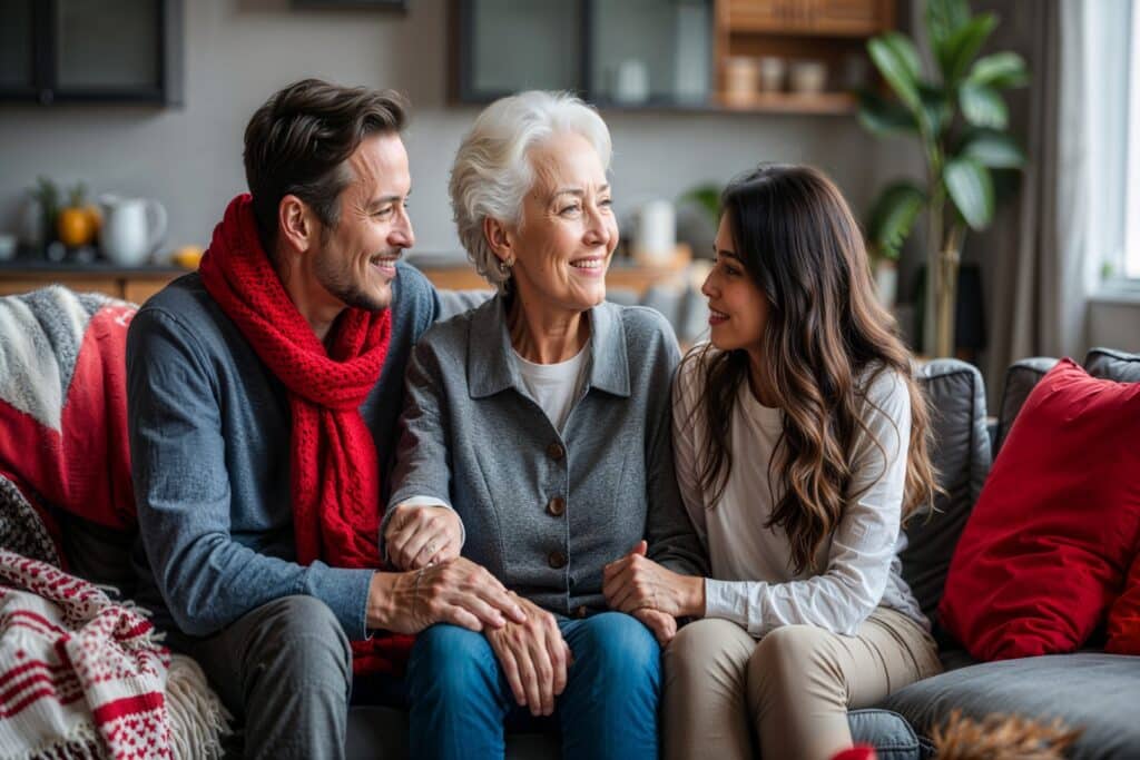 Elderly woman sitting with her supportive son and daughter as they learn to embrace the changes of Dementia.