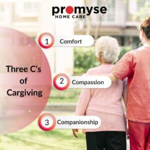 Infographic of the 3 C’s of Caregiving for Promyse Home Care serving Kitchener, Waterloo and Cambridge.
