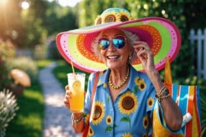 Happy senior woman enjoying the sun while protecting herself from the sun with a fun hat and staying hydrated for healthy skin.