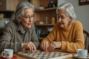 a middle aged couple playing a game to help with early signs of dementia