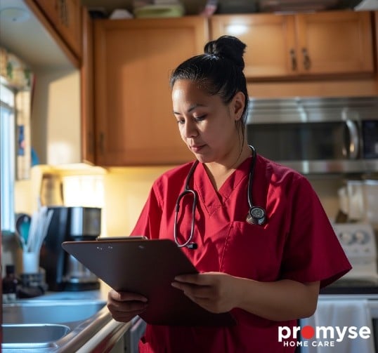 Promyse Home Caregiver checking her list of items to do to provide personalized care to a client.