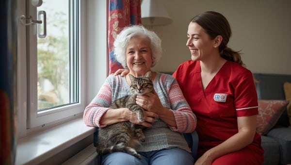 Promyse Caregiver giving companionship to an aging senior and her cat in her home.