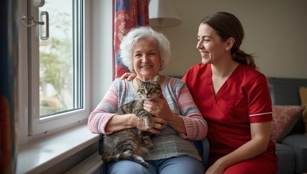 Caregiver sharing conversation with Senior woman and her cat