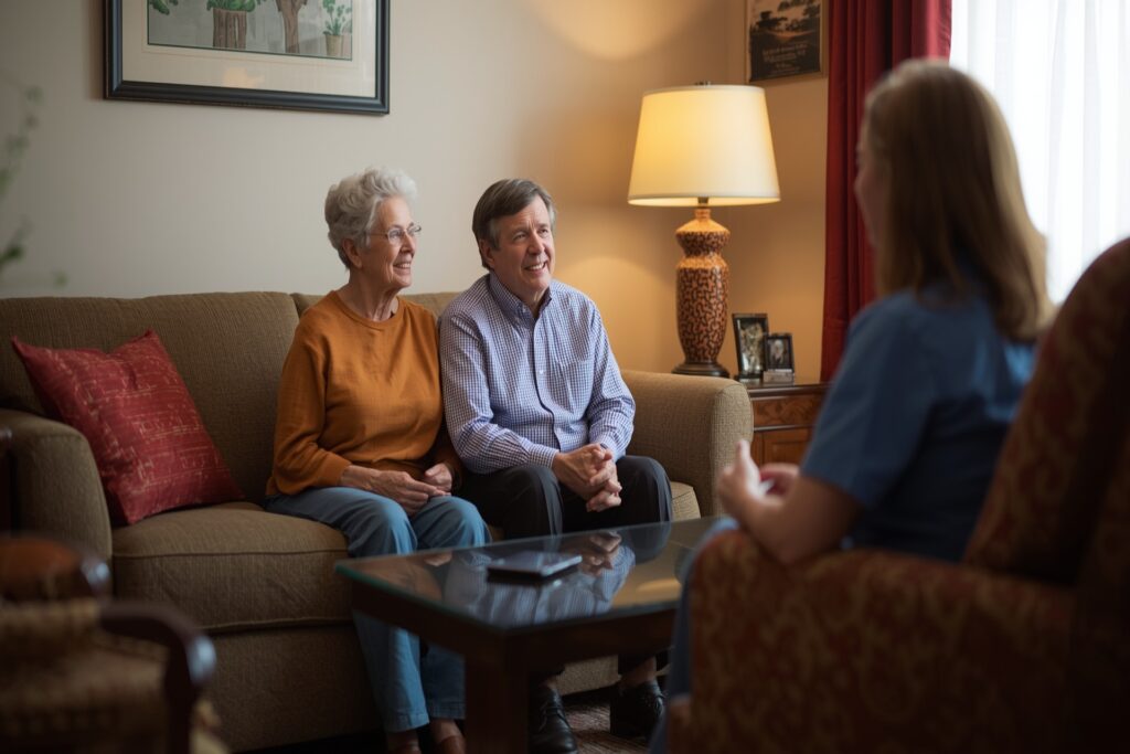 Senior couple d discussing the steps of aging in place in their home.