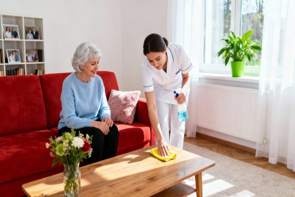 Promyse Home Caregiver helping Senior with cleaning
