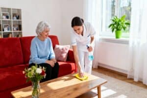 Promyse Home Caregiver helping Senior with cleaning