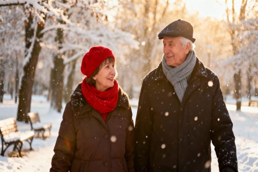 Senior couple dressed up to enjoy a walk on a winter’s day.