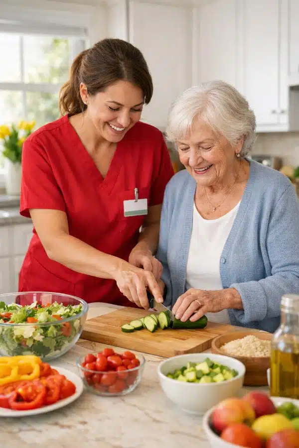 Caregiver helping Senior with meal preparation