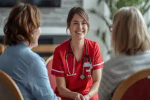 Respite Caregiver discussing with family the ideal care for senior loved one.