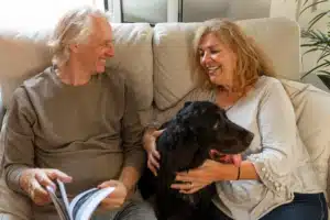Seniors playing with a pet brings comfort and calm.
