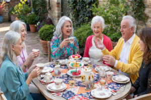 A group of friends enjoying the benefits of drinking tea and socialising.