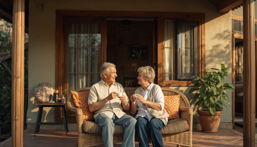 Senior couple enjoy their retirement have tea on the porch of their home