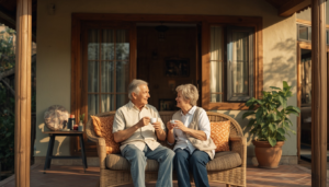 Senior couple enjoy their retirement have tea on the porch of their home
