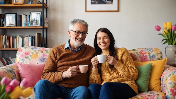Father and daughter sharing a cup of tea together in the comfort of their home