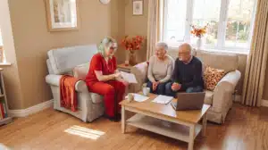 Nurse Case Manager is discussing a care plan for an elderly couple looking for help with home care and personal care.