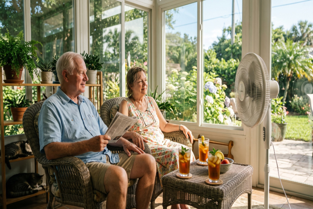 An elderly couple are cooling themselves with a fan and cold drinks during extreme heat.