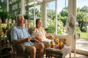 An elderly couple are cooling themselves with a fan and cold drinks during extreme heat.