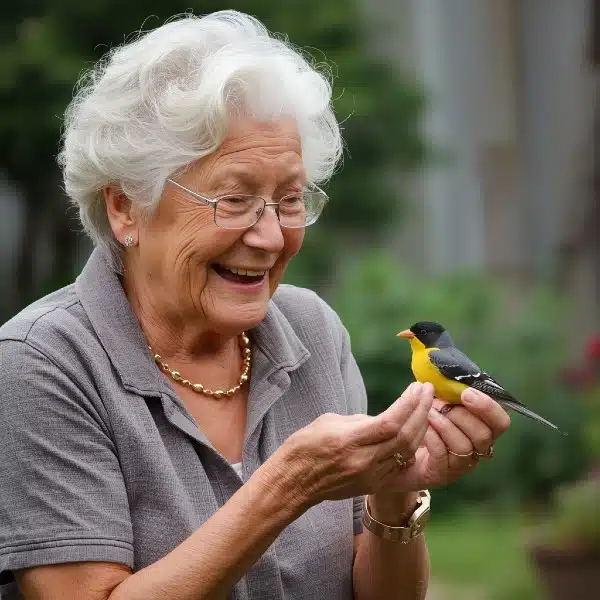 Senior woman is enjoying a beautiful colourful bird that landed on her hand in the park