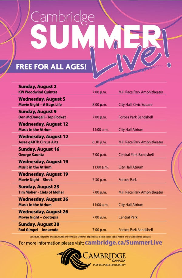 Schedule of August Live events in Cambridge
