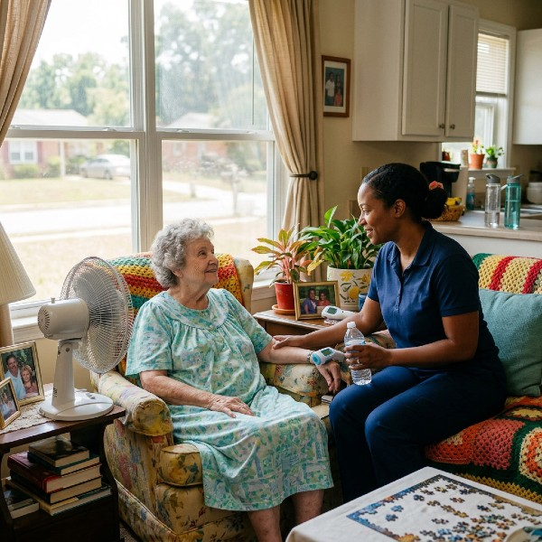 Promyse Home Caregiver is checking on a senior client in Kitchener, during a heat wave to ensure she is staying cool.
