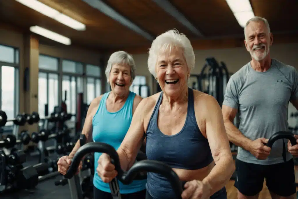 Group of seniors working out at the gym for better physical wellness.