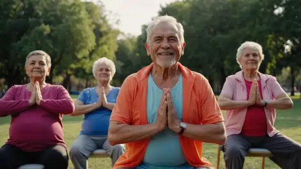 Seniors work on meditation while sitting on chairs in the park