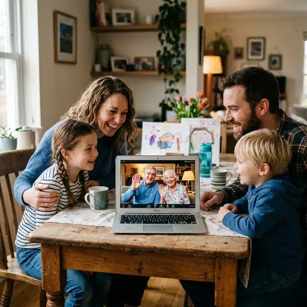 Families who live far away are able to talk to grandparents on the computer.