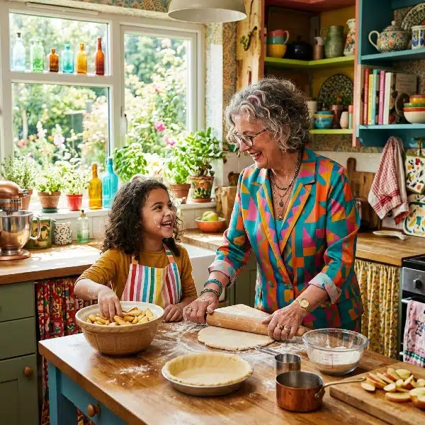 Grandmother having fun baking pies with her granddaughter.