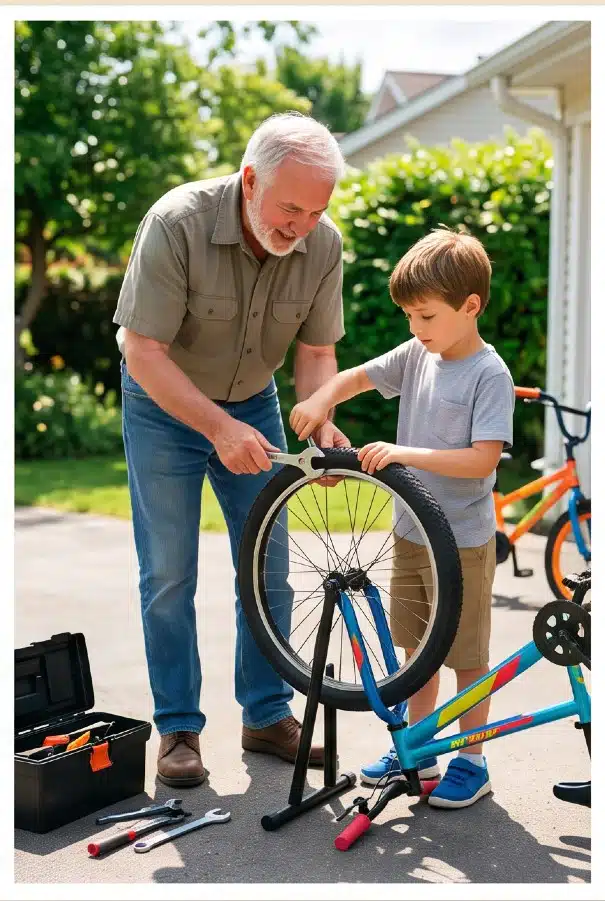 A grandfather is working with his grandson fixing their bike and making a special bonding moment
