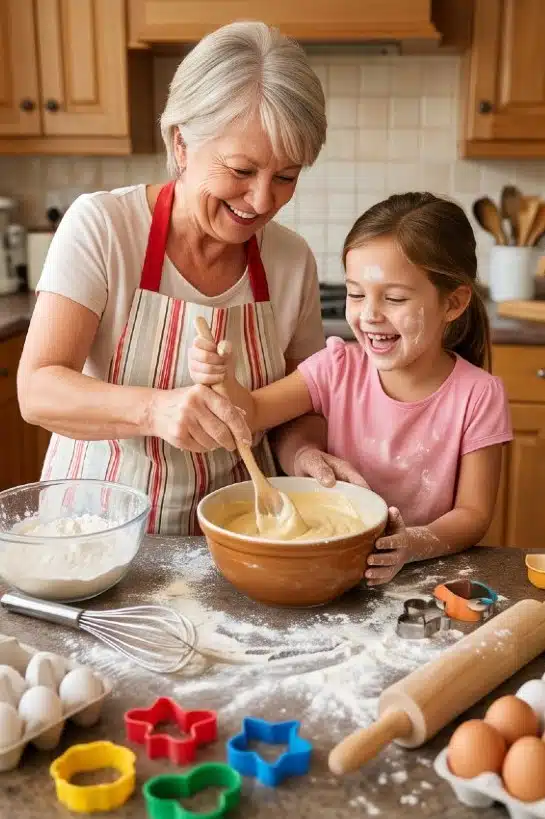 Grandma is baking with her granddaughter and they are both teaching each other.
