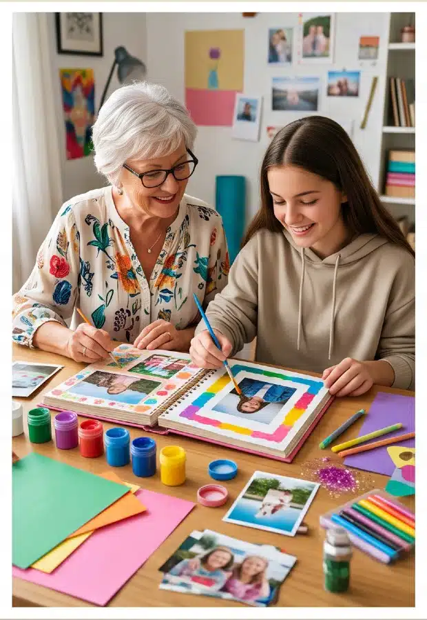 Working on a memory book is a fun activity for both grandmother and granddaughter